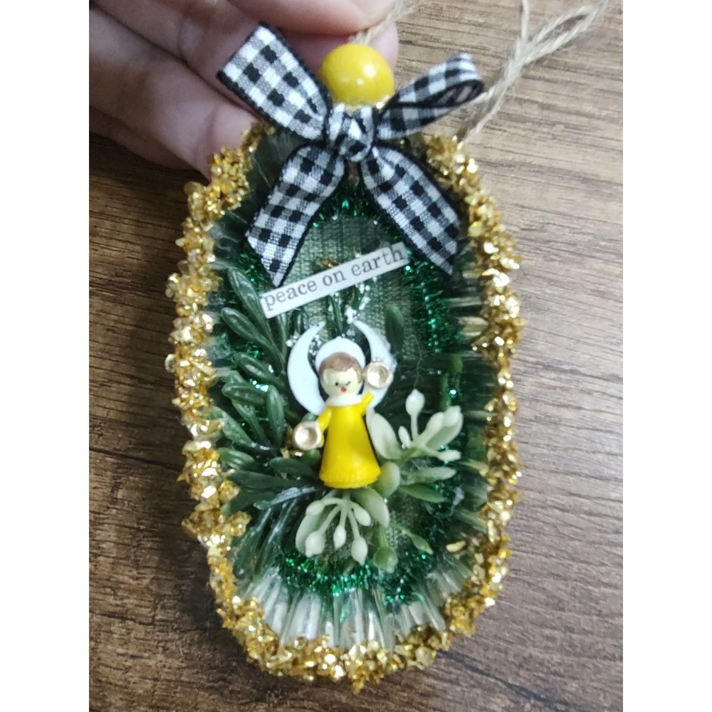 Angel Christmas Ornament Handmade Vtg Style OOAK Tart Tin Diorama Miniature O5